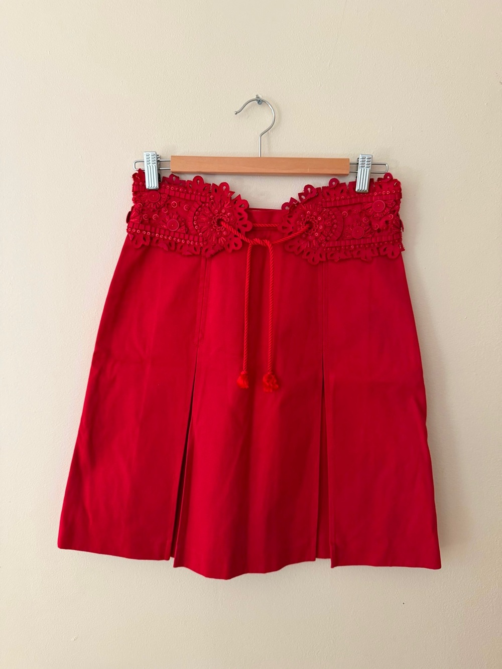 Carolina Herrera Bright Red Crochet-Waist Mini Skirt